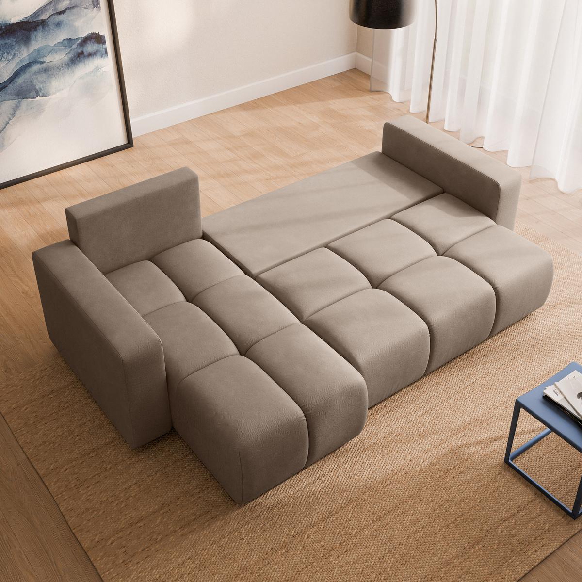 ECKSOFA RAMIL Beige Plüsch-Stoff mit Schlaffunktion - Beige, Holz (240/149cm) - MASSENO