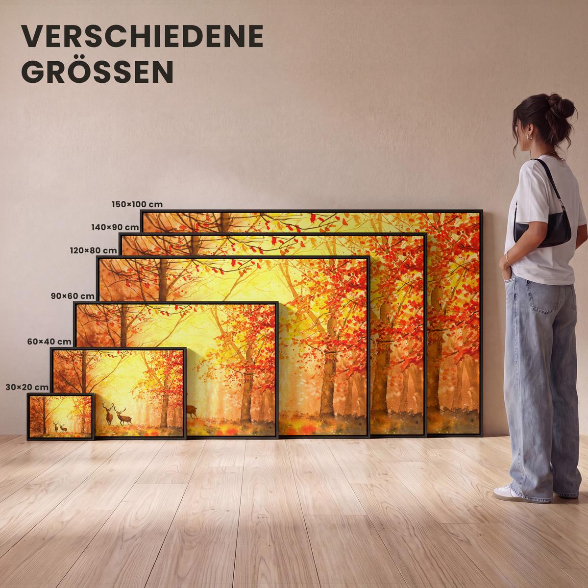 LEINWAND Bilder mit Rahmen - Natur - Ölfarbe - Hirsche - Tiere - Herbst - Orange - 120x80 - Orange, Textil (120/80cm) - MuchoWow