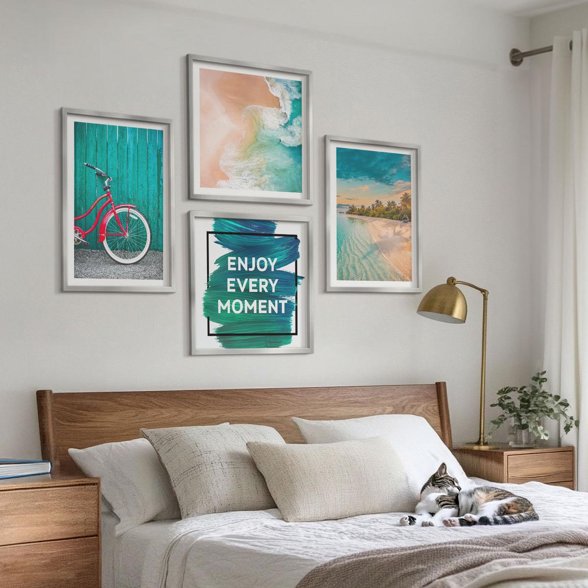 BILDER SET 4er Set - 50x50 cm & 40x60 cm Silberner Rahmen - Inspiration für ein Fahrrad mit Seeboot - Silberfarben, Kunststoff (50/50cm) - TULUP