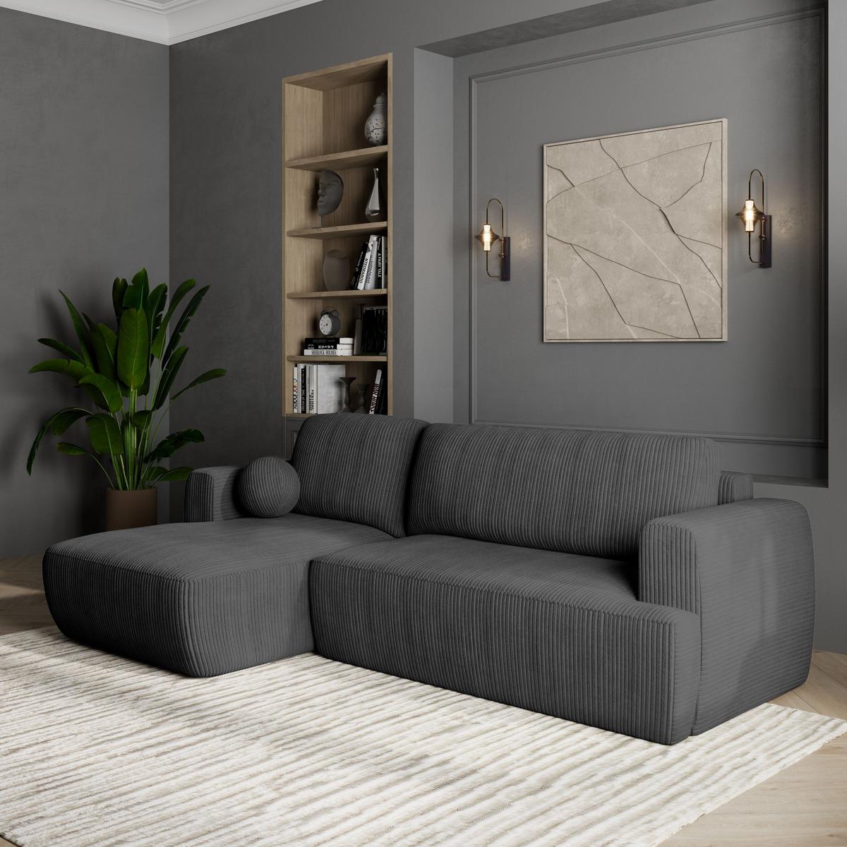 ECKSOFA SENTI P L-S Graphitfarben Kordstoff mit Schlaffunktion - Graphitfarben/Schwarz, Holz/Kunststoff (246/148cm) - MASSENO