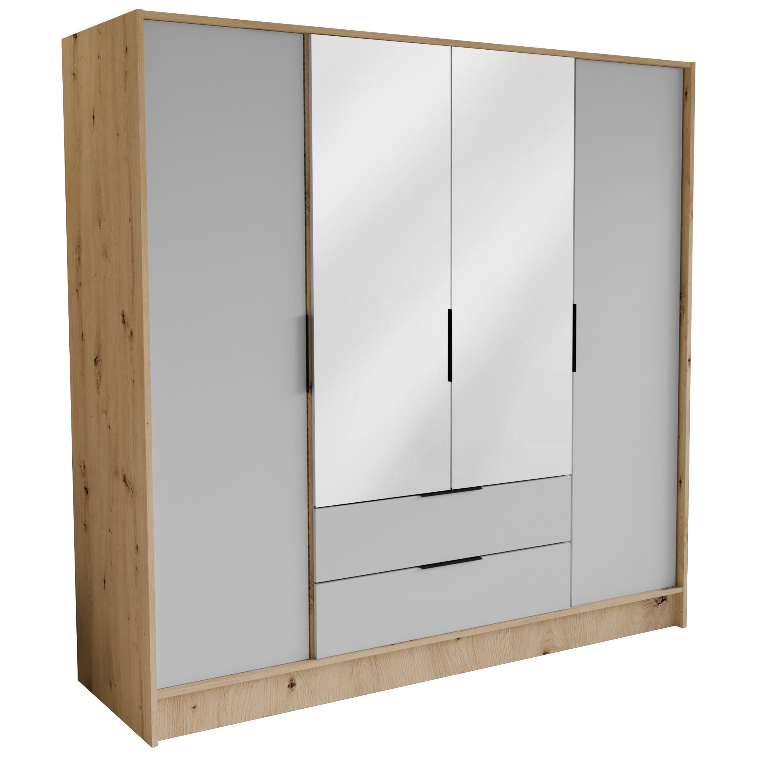 DREHTÜRENSCHRANK CAVA 200/200/51 cm Modern Kleiderschrank 4-türig mit Spiegel Eiche Artisan - Weiß/Eiche Artisan, Holzwerkstoff (200/200/51cm) - MASSENO