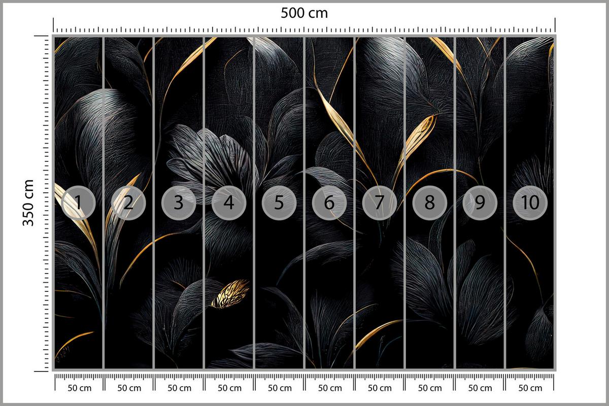 FOTOTAPETE für Wohnzimmer Schwarze Blätter Gold Luxus 500x350 - Goldfarben/Schwarz, Papier (500/350cm) - Muralo