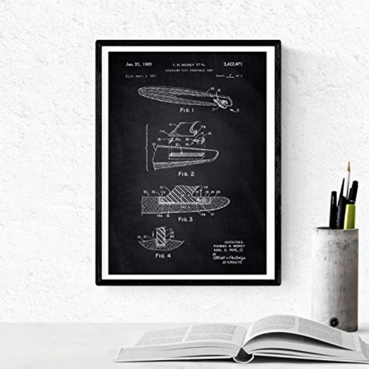 POSTER Set mit 4 Schwarz PATENTEN SURF A4 Schwarzer Rahmen - Schwarz, Papier (29.7/3cm) - Nacnic