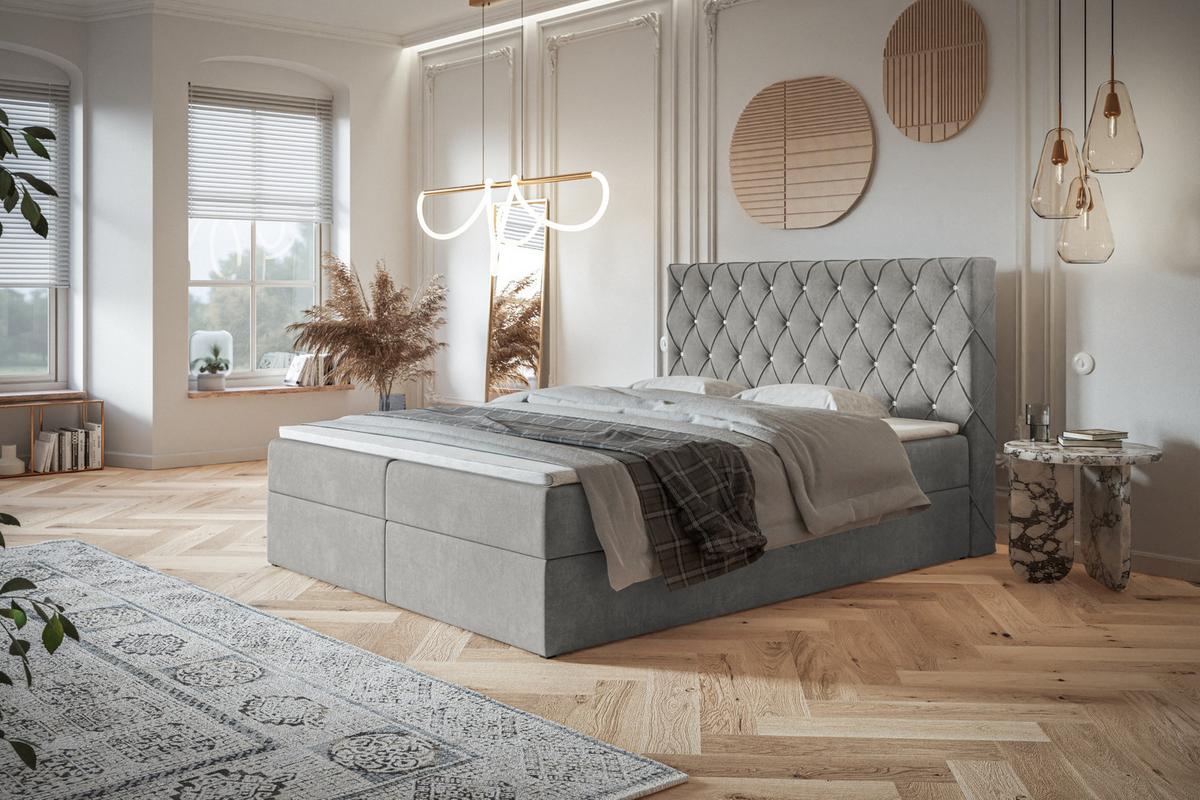 BOXBETT BOSTON mit 2 Bettkästen, 180x200, Farbe: Grau, Velourstoff, Doppelbett mit Bonell-Matratze - Grau, Holz/Kunststoff (180/200cm) - Alpi-Möbel