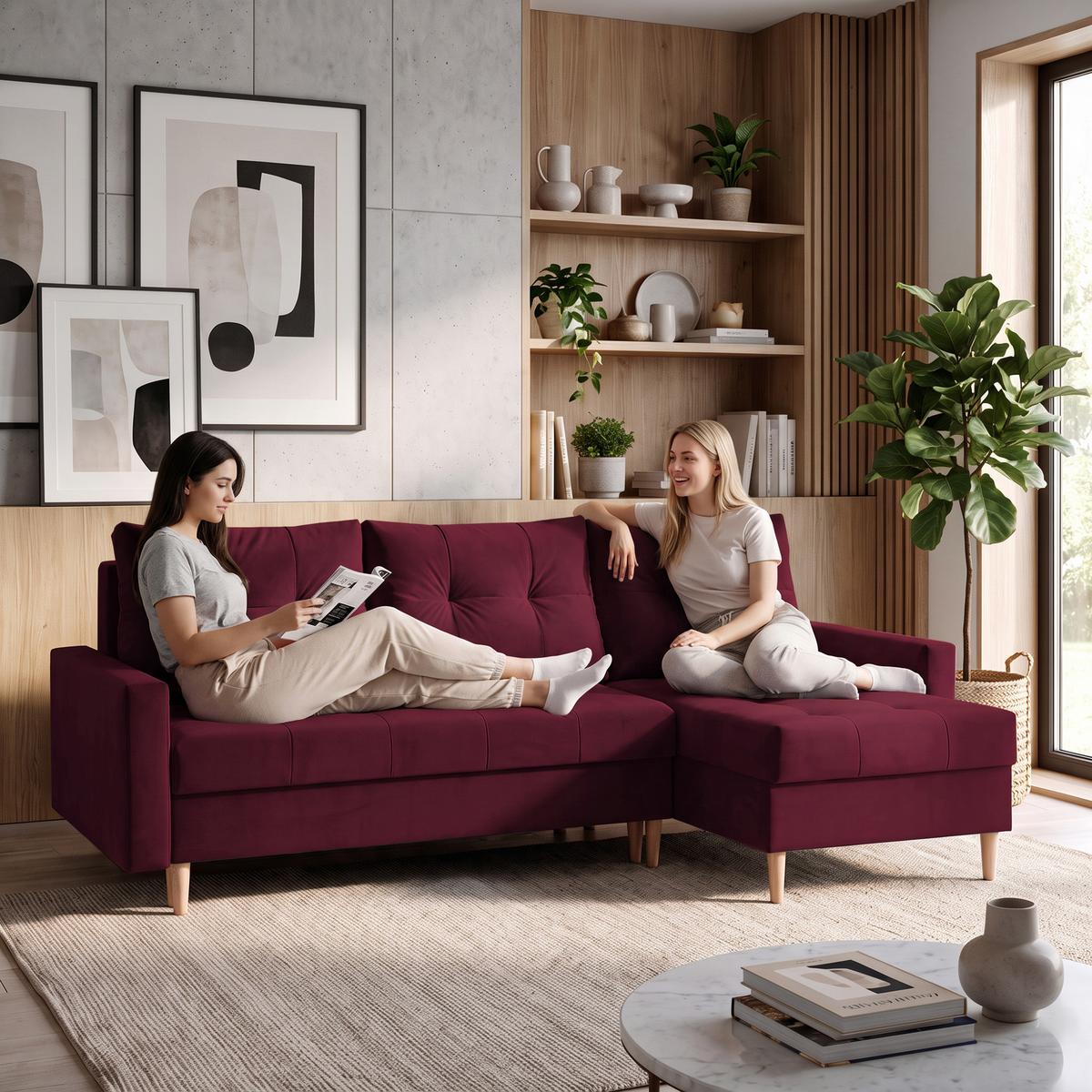 ECKSCHLAFSOFA Halant mit Bettkasten, universelle Ottomane, Veloursstoff, Bordeaux - Bordeaux, Textil (220/140cm) - Beautysofa