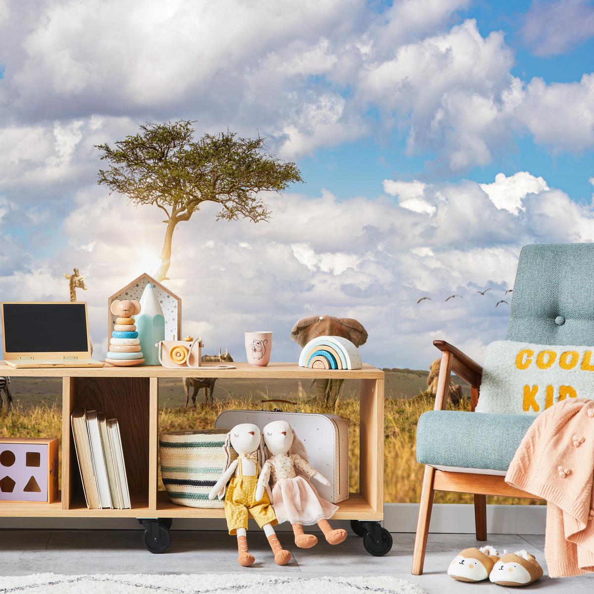 FOTOTAPETE für Kinderzimmer Safari Tiere Elefant Giraffe Löwe 200x140 - Beige/Braun, Papier (200/140cm) - Muralo