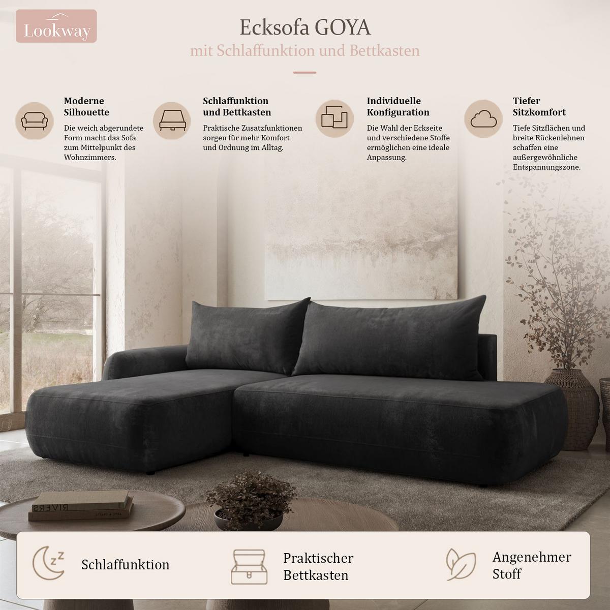 ECKSOFA GOYA mit Schlaffunktion und Bettkasten, Rechte, Perfect Harmony 90 - Graphitfarben, Textil (302/184cm) - Lookway