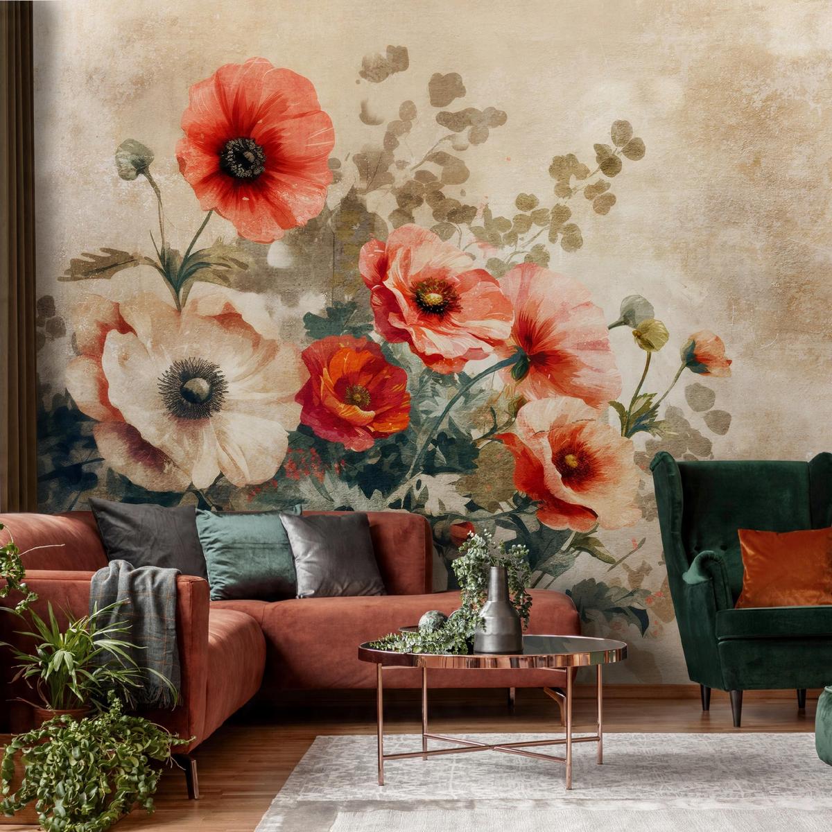 FOTOTAPETE Blumen Vintage Betonwand Schlafzimmer 350x250 - Multicolor, Papier (350/250cm) - Wallarena