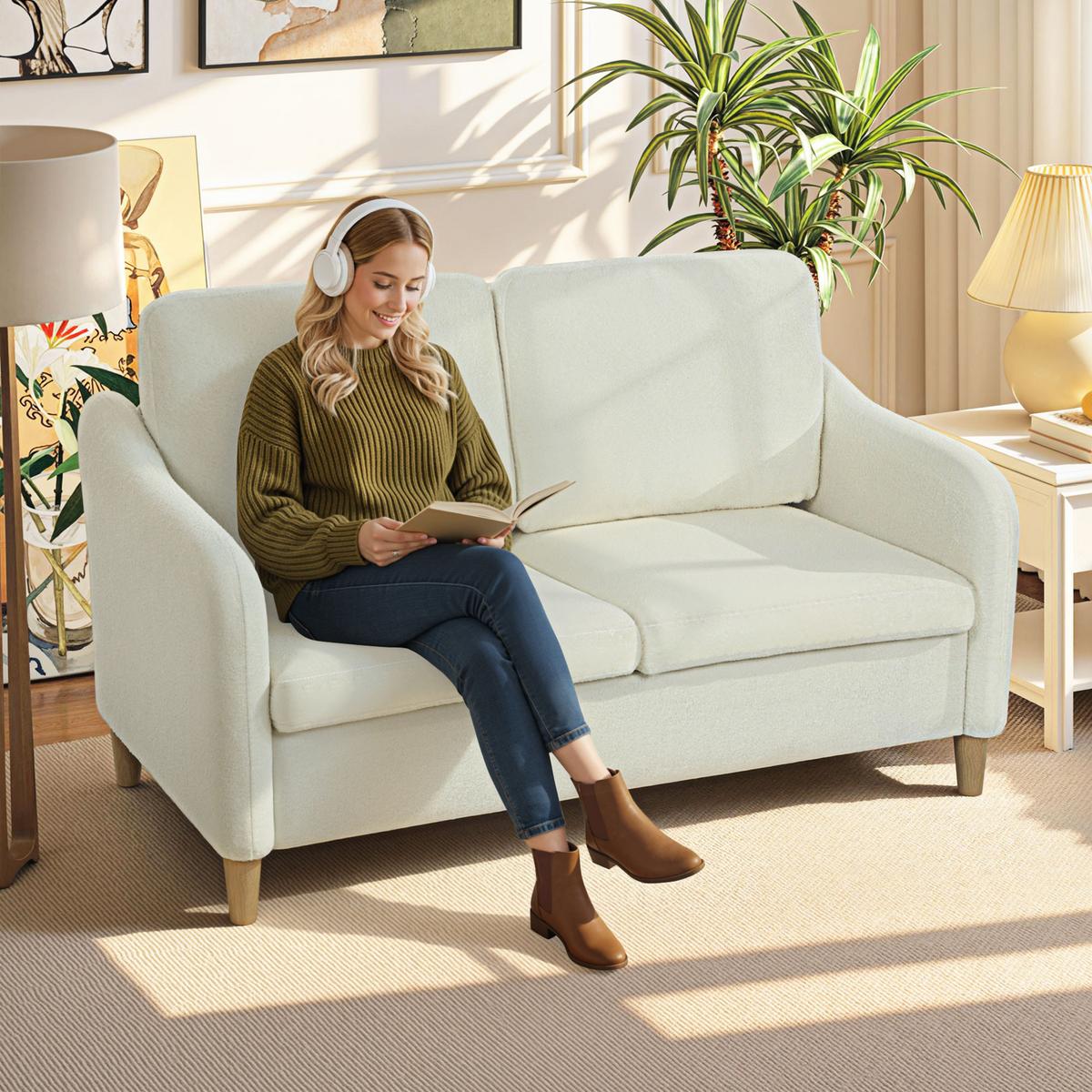 SOFA Polyester Eukalyptusholz Cremeweiß - Eukalyptusholzfarben/Creme, Holz/Textil (69/82/137cm) - HOMCOM