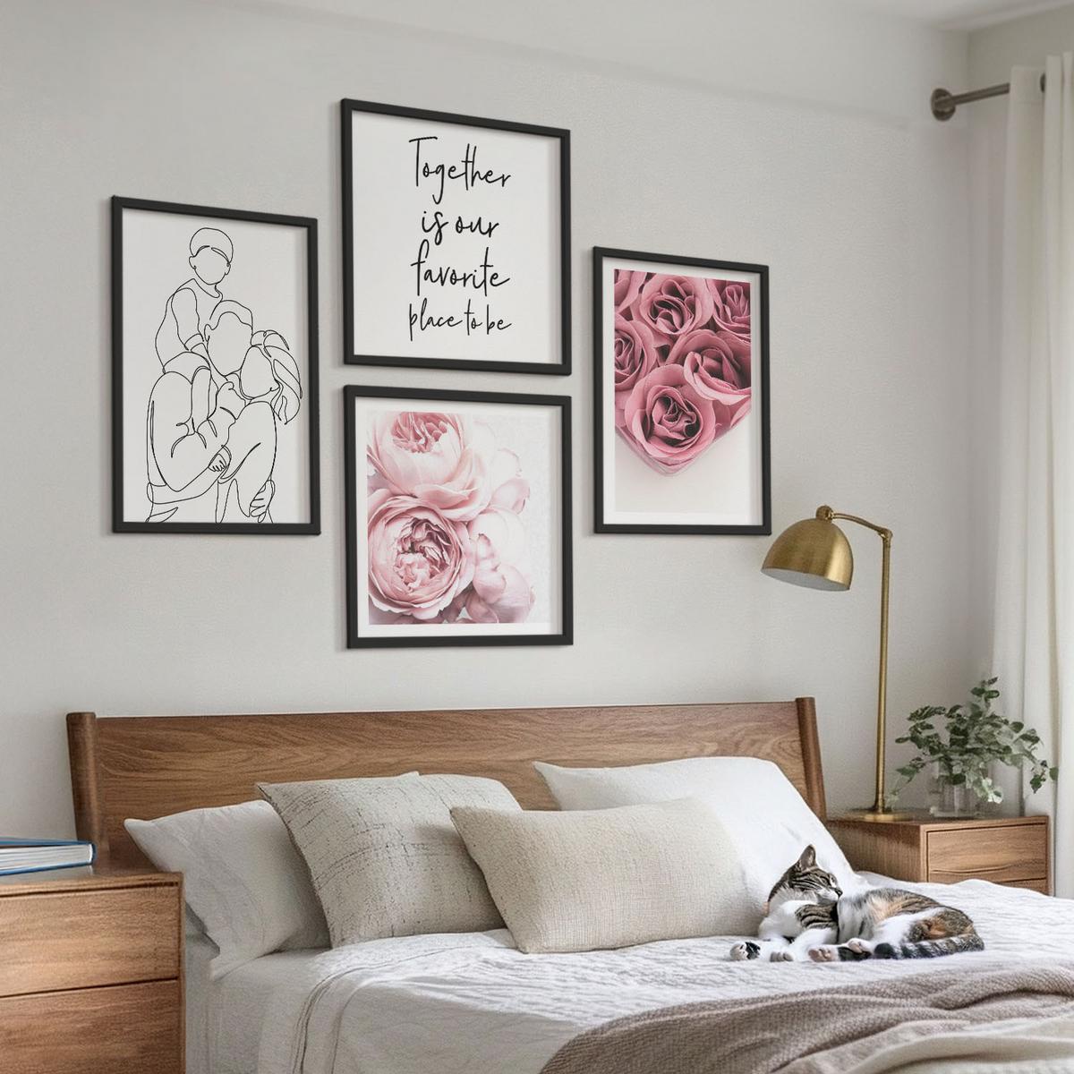 BILDER SET 4er Set - 50x50 cm & 40x60 cm Schwarzer Rahmen - Rosensträuße als Familienzeichnung - Schwarz, Kunststoff (50/50cm) - TULUP