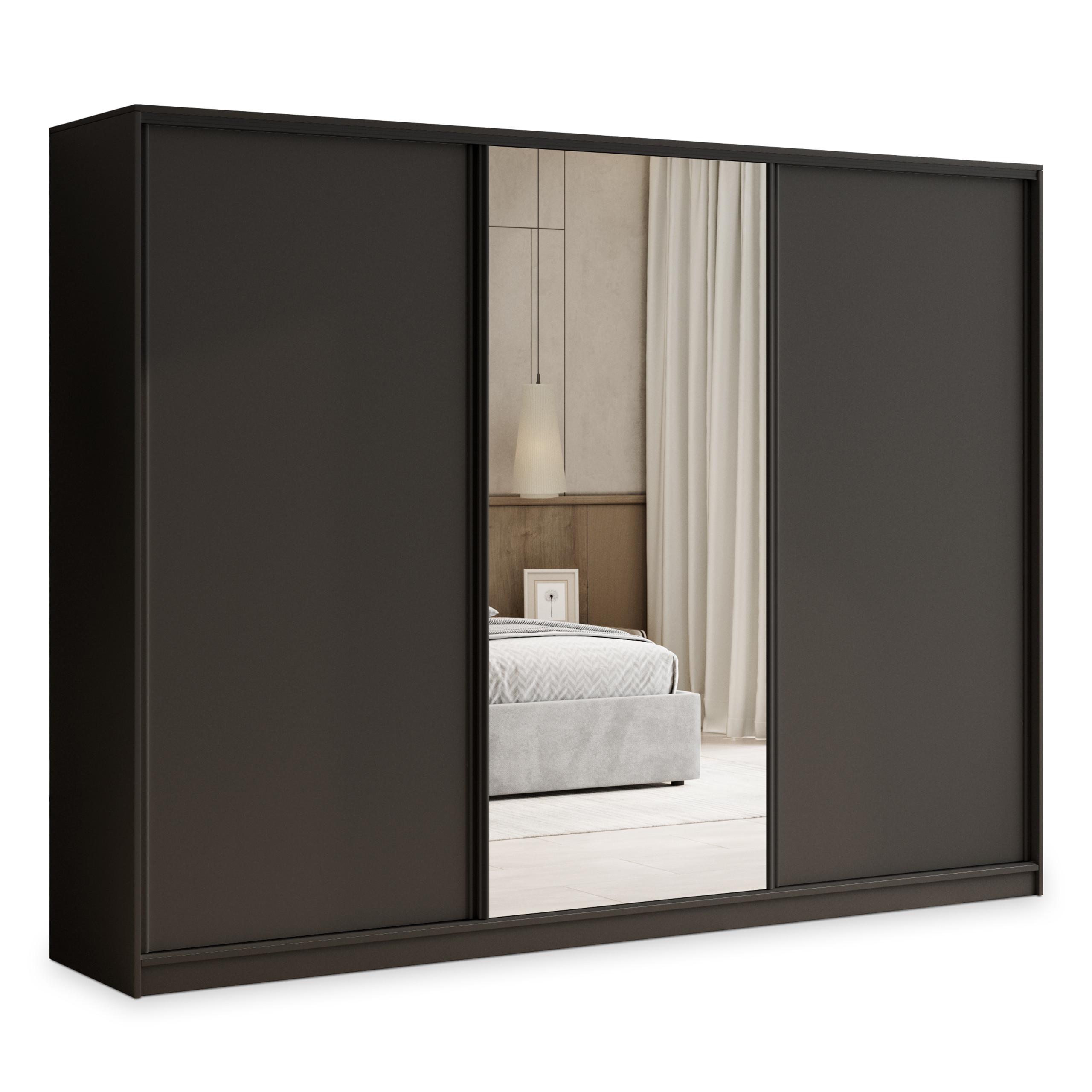 SCHWEBETÜRENSCHRANK TARI 250/205/58 cm 3-türig mit Spiegel und Schubladen Schwarz - Schwarz, Holzwerkstoff (250/205/58cm) - MASSENO