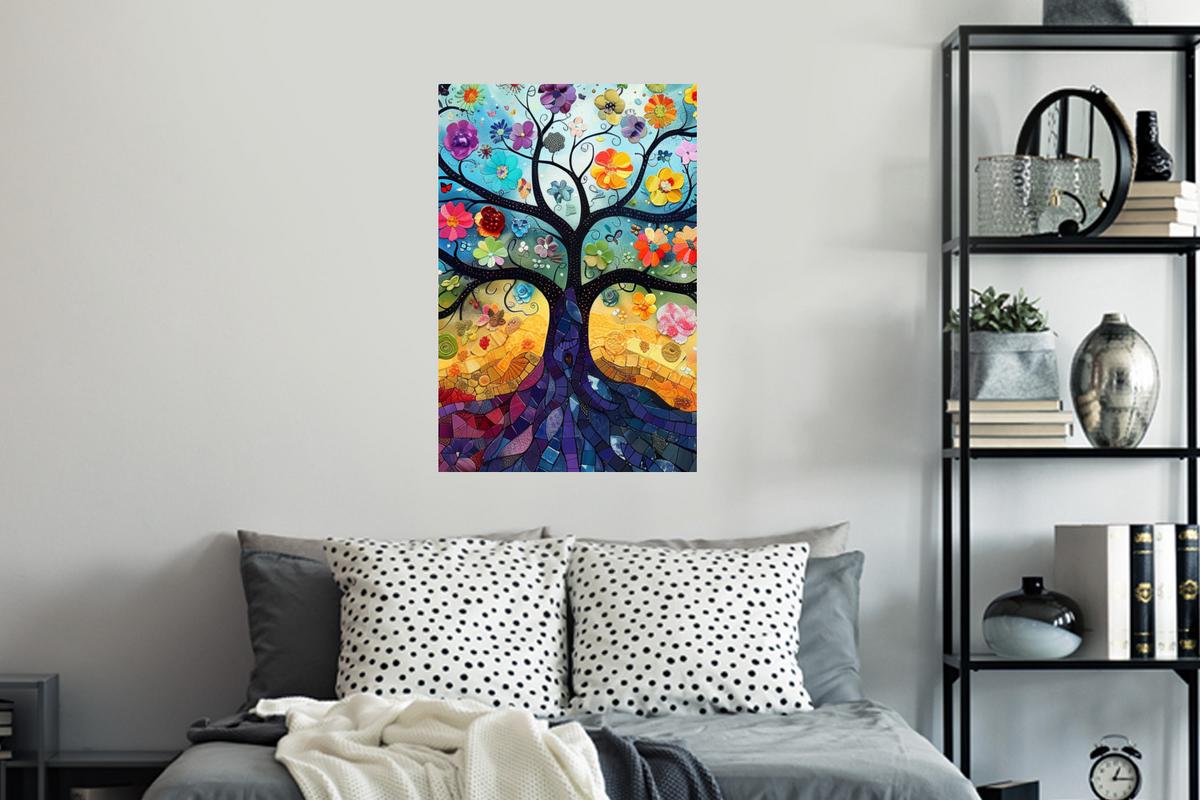 WANDTATTOO Kunst - Baum des Lebens - Blumen - Hippie Wandbild 40x60 cm - Dunkelblau, Kunststoff (40/60/0.1cm) - MuchoWow