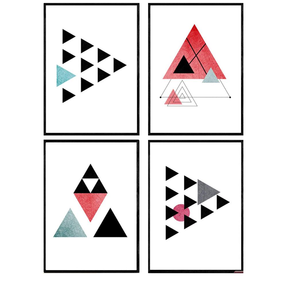 POSTER Set mit 4 Geometrische Nordischer bunten Dreicken im Rot und Blautönen A4 Rahmenlos - Klar, Papier (29.7/3cm) - Nacnic
