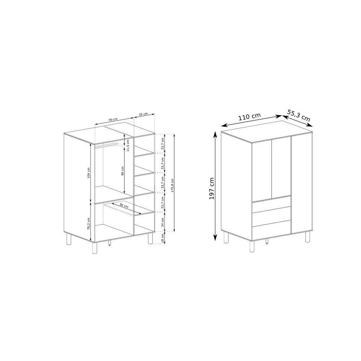 DREHTÜRENSCHRANK SABBIA 110/197/55cm 3-türig Eichefarben - Eichefarben, Holzwerkstoff (110/197/55cm) - MASSENO