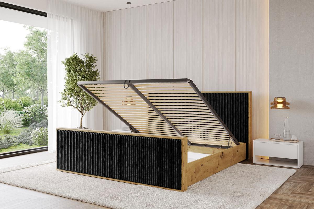 POLSTERBETT mit Bettkasten und Lattenrost, Boxbett mit Stauraum und Kopftei ohne Matratze - ENZO10 140x200 Schwarz - Schwarz, Holzwerkstoff/Textil (140/200cm) - ALTDECOR