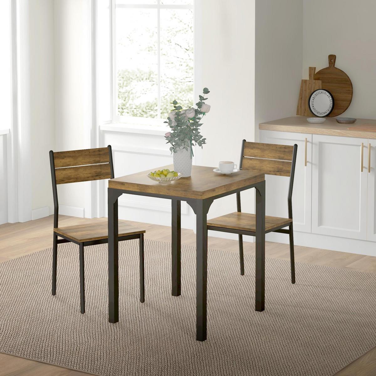 3-TEILIGE Essgruppe Küchentisch mit Metallgestell Esszimmergruppe Sitzgruppe - Braun, Holzwerkstoff (60/76/60cm) - HOMCOM