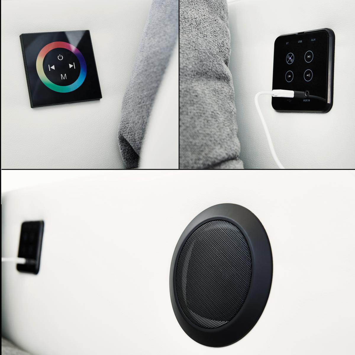 MULTIMEDIA-ECKSOFA Soundsystem RGB-LED Beleuchtung Bluetooth USB AUX-in, seitenverkehrt montierbar B322/T190/H88cm, Kunstleder Weiß-Mikrof.Grau/15410 - Chromfarben/Weiß, Kunststoff/Textil (322/88/190cm) - luma-home