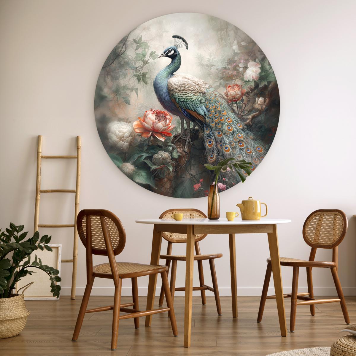 WANDBILD Pfau - Pfauenfedern - Vogel - Dschungel - Blumen Wandbild 120x120 cm - Smaragdgrün, Kunststoff (120/120cm) - MuchoWow