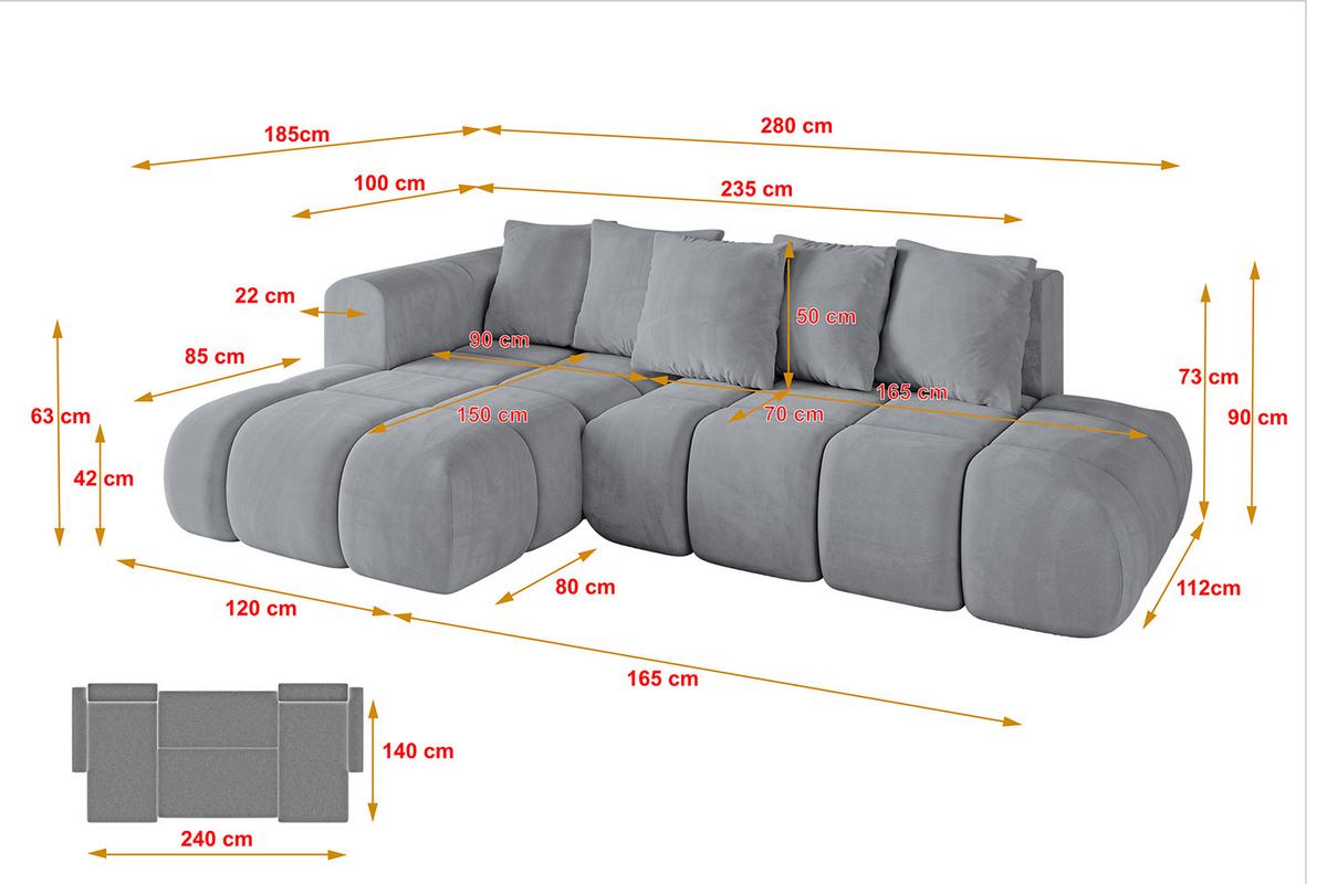 ECKSOFA Ottomane Links CLOUD-L-v1 280x185x90 Hellgrau Velours - Hellgrau, Holzwerkstoff/Kunststoff (180/289cm) - ALTDECOR
