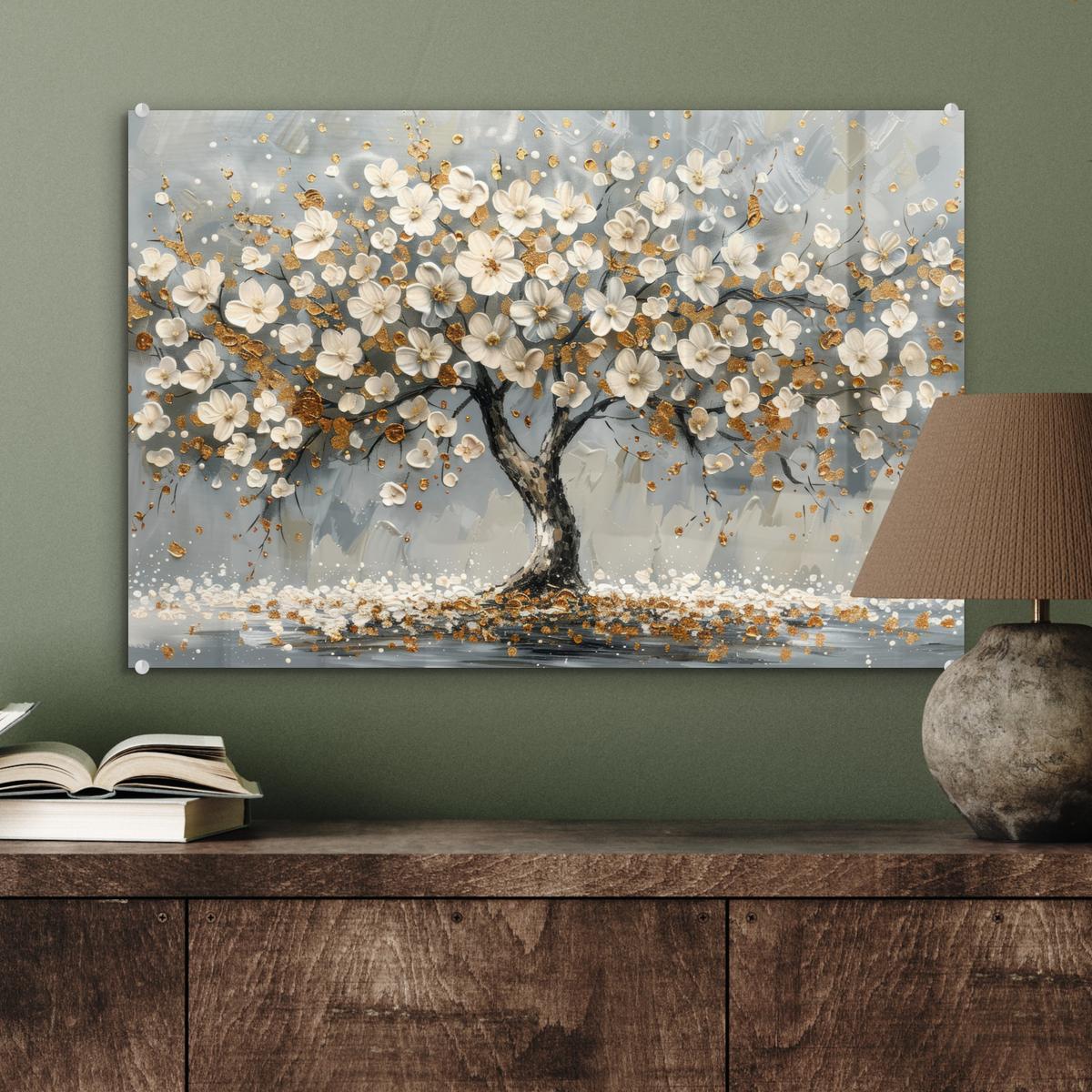ACRYLGLASBILD Baum - Blumen - Weiß - Natur - Kunst Wanddeko 60x40 cm - Weiß, Glas (60/40cm) - MuchoWow