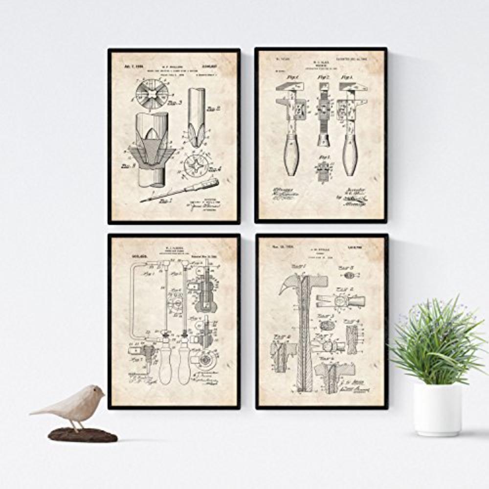 POSTER Set mit 4 Jahrgang Werkzeug Patenten A4 Schwarzer Rahmen - Schwarz, Papier (29.7/3cm) - Nacnic