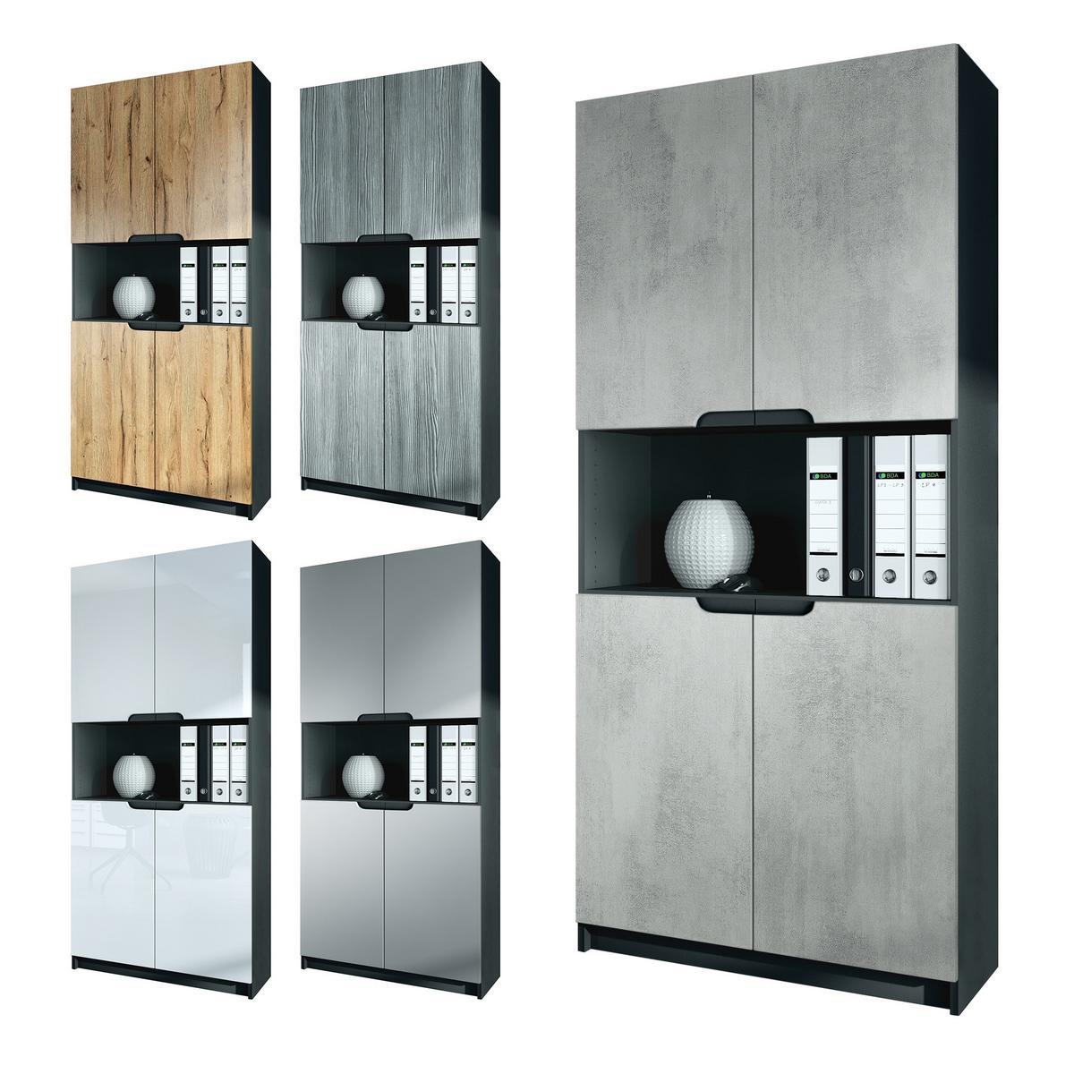 BÜROSCHRANK Logan Fronten in Schwarz Hochglanz - Schwarz Hochglanz, Holzwerkstoff (82/184/37cm) - Vladon