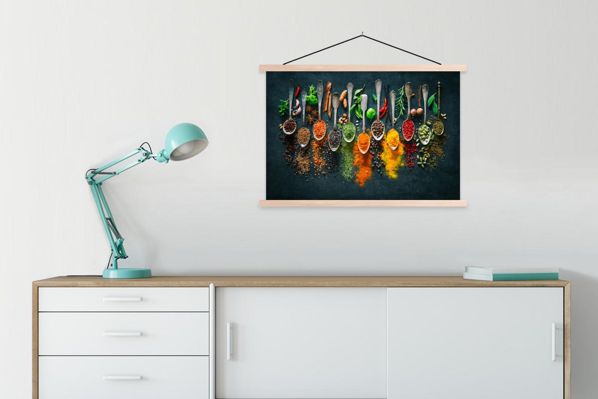 POSTER MIT MAGNETLEISTEN Kräuter - Gewürze - Löffel Wanddeko 90x60 cm - Currygelb, Textil (90/60/0.15cm) - MuchoWow