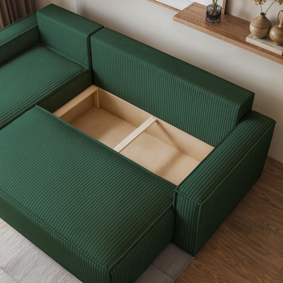 ECKSOFA RAVELO P Grün Kordstoff mit Schlaffunktion - Grau/Grün, Holz/Kunststoff (240/140cm) - MASSENO