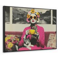 LEINWAND Bilder mit Rahmen - Frau - Katze - Blumen - Tasse - Retro - 70x50 - Magenta, Textil (70/50cm) - MuchoWow