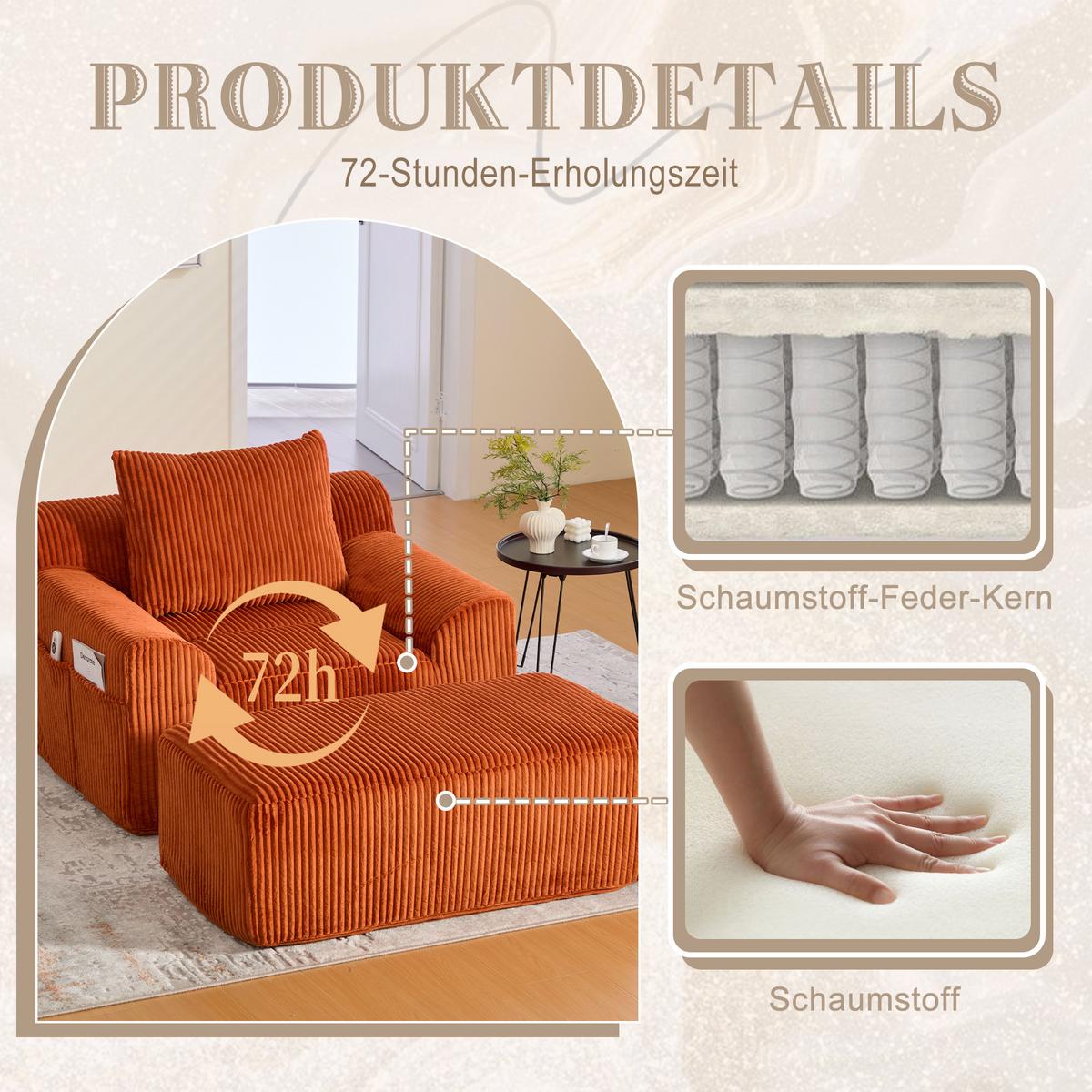 SESSEL mit Hocker in Cord Übergroßer Relaxsessel - Orange, Textil (110/67/147cm) - Urban Meuble