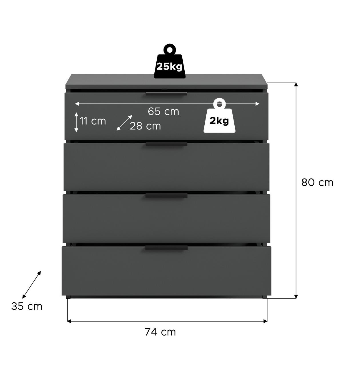 KOMMODE grau 74 x 80 cm, Schubladenkommode mit 4 Schubkästen - Grau, Holzwerkstoff/Metall (74/80/35cm) - Inn.Furn