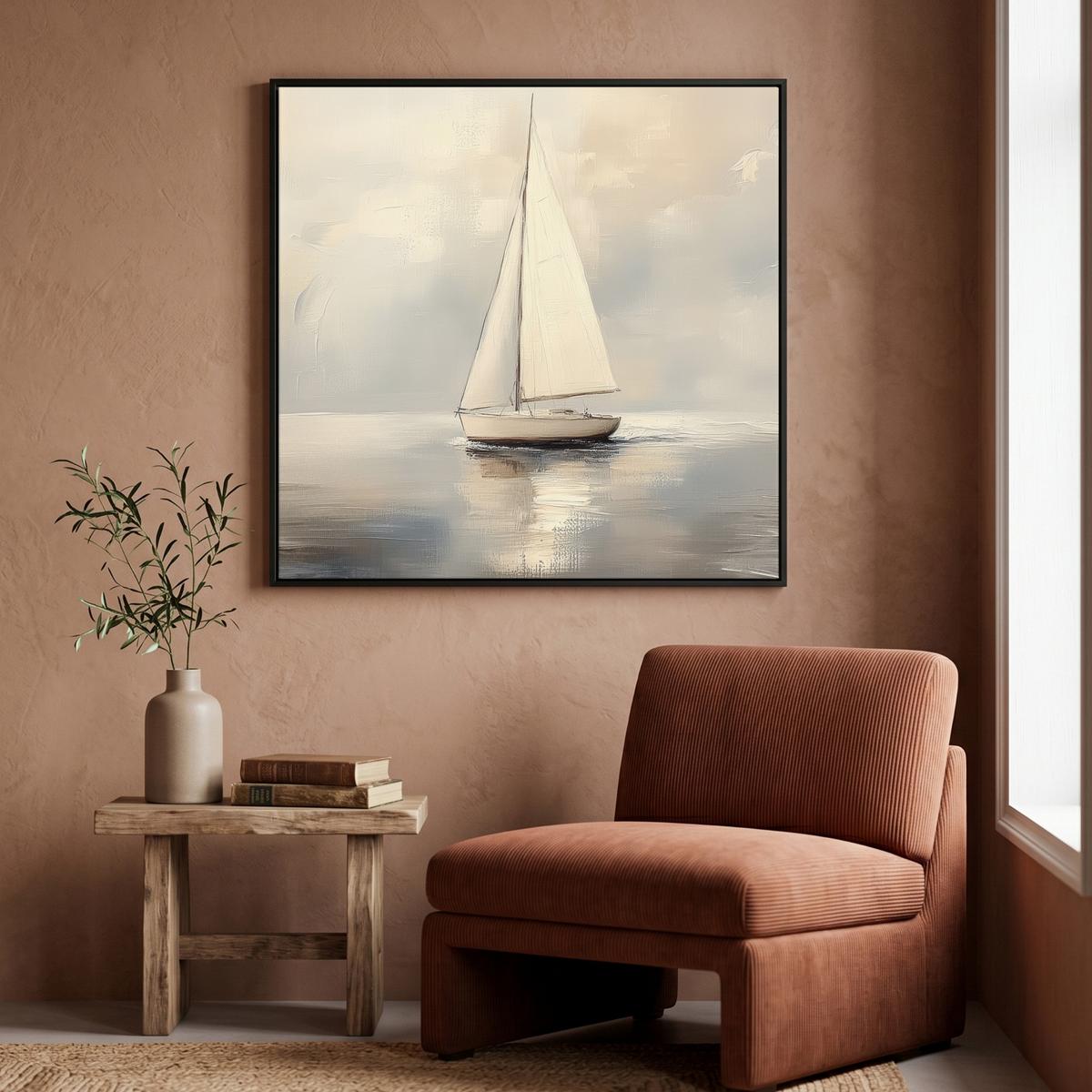 LEINWAND Bilder mit Rahmen - Segelschiff - Meer - Bewölkt - 90x90 - Creme, Textil (90/90cm) - MuchoWow