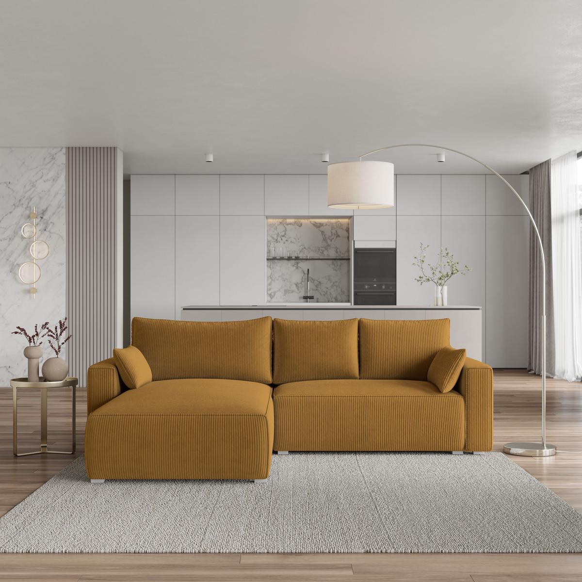 ECKSOFA FORIL P Gelb Kordstoff mit Schlaffunktion - Gelb/Grau, Holz/Kunststoff (265/178cm) - MASSENO