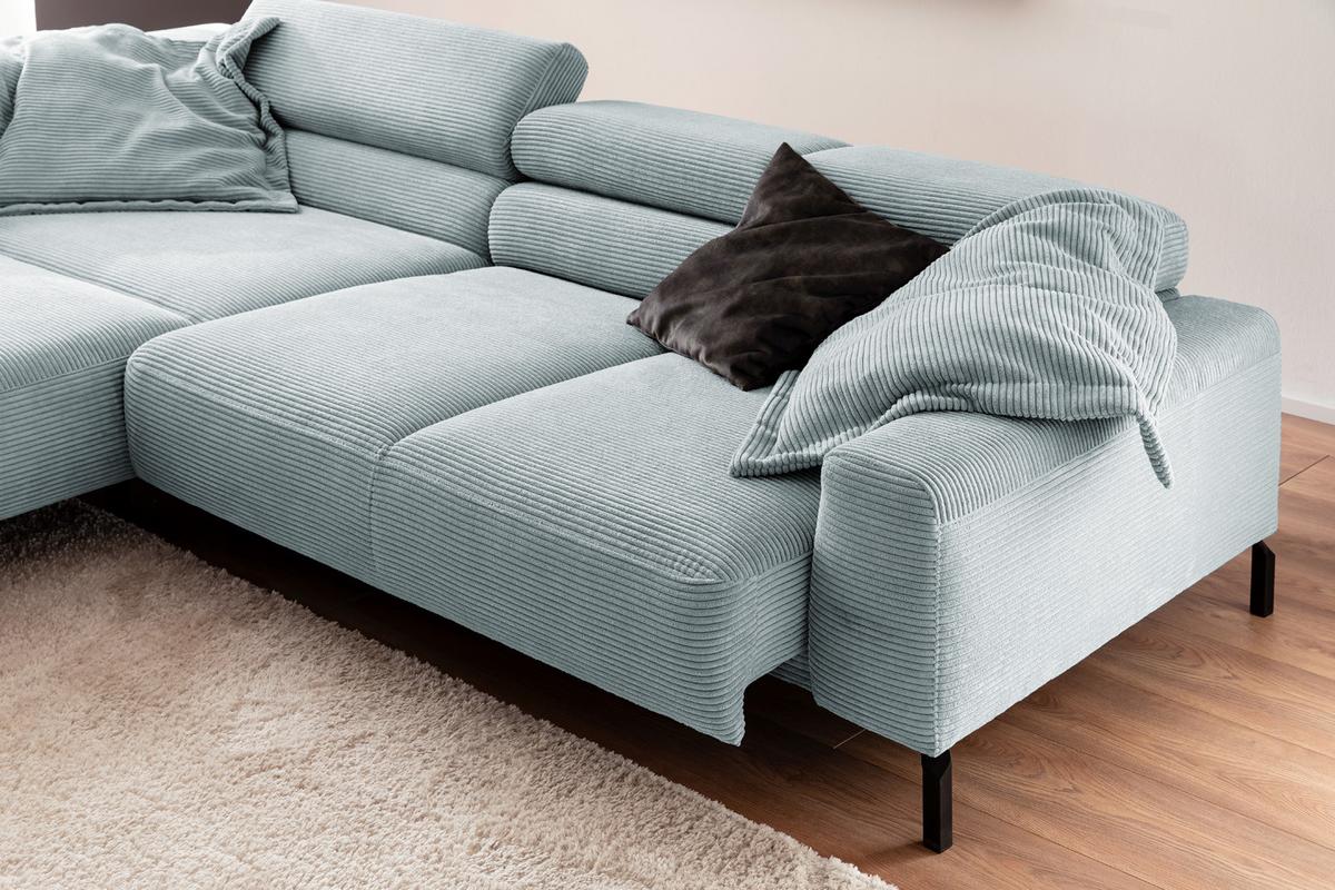 ECKSOFA DELIA Hellblau Cord Relaxfunktion - Schwarz/Hellblau, Textil/Metall (276/219cm) - KAWOLA