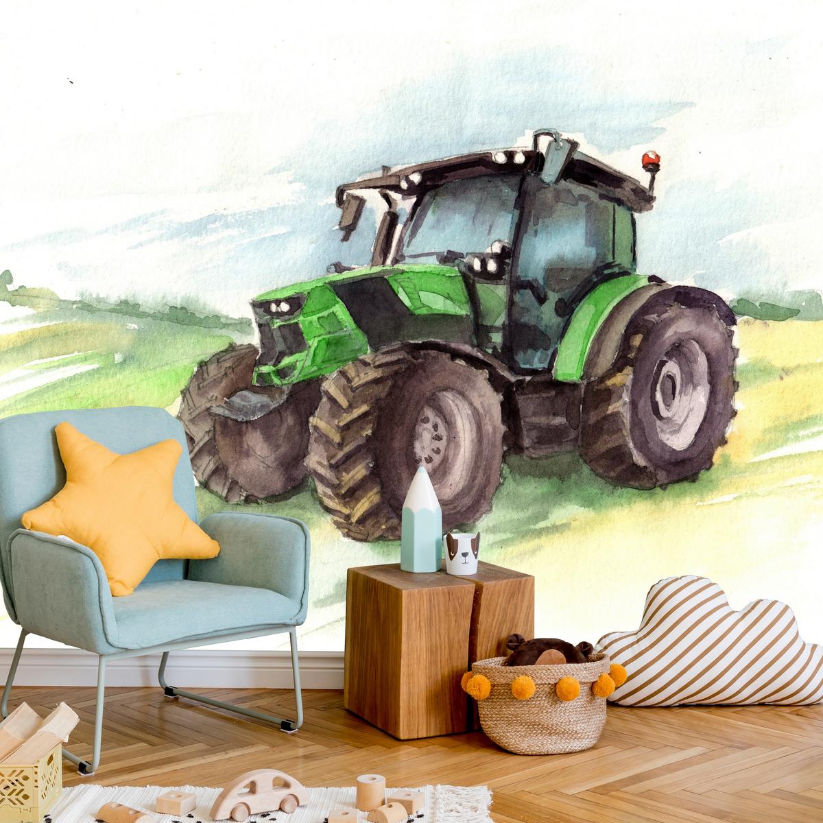 FOTOTAPETE für Kinderzimmer Aquarell Grüner Traktor Feld 300x210 - Gelb/Schwarz, Papier (300/210cm) - Muralo