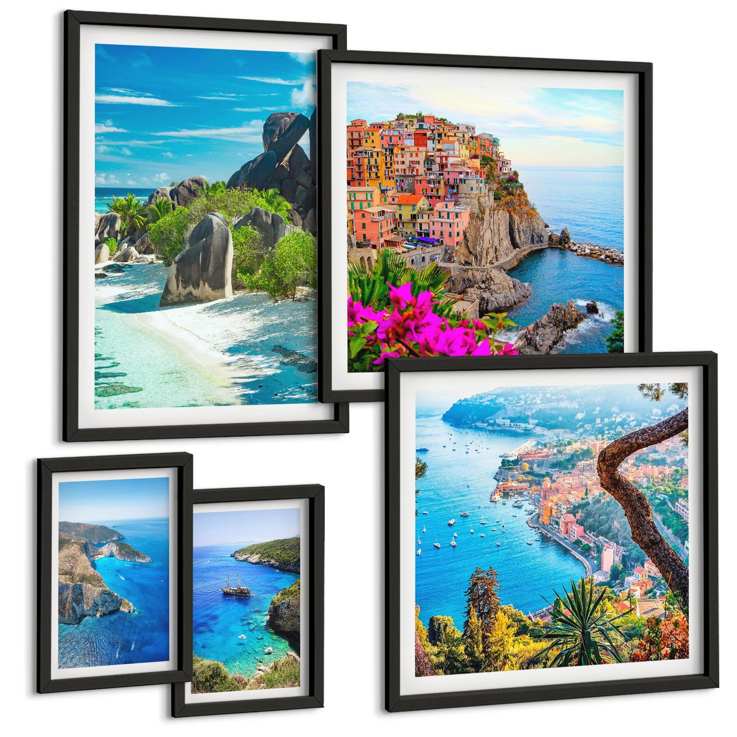 BILDER SET 5er Set - 50x50 cm & 20x30 cm & 40x60 cm Schwarzer Rahmen - Winterwald-Blaublume - Schwarz, Kunststoff (40/60cm) - TULUP