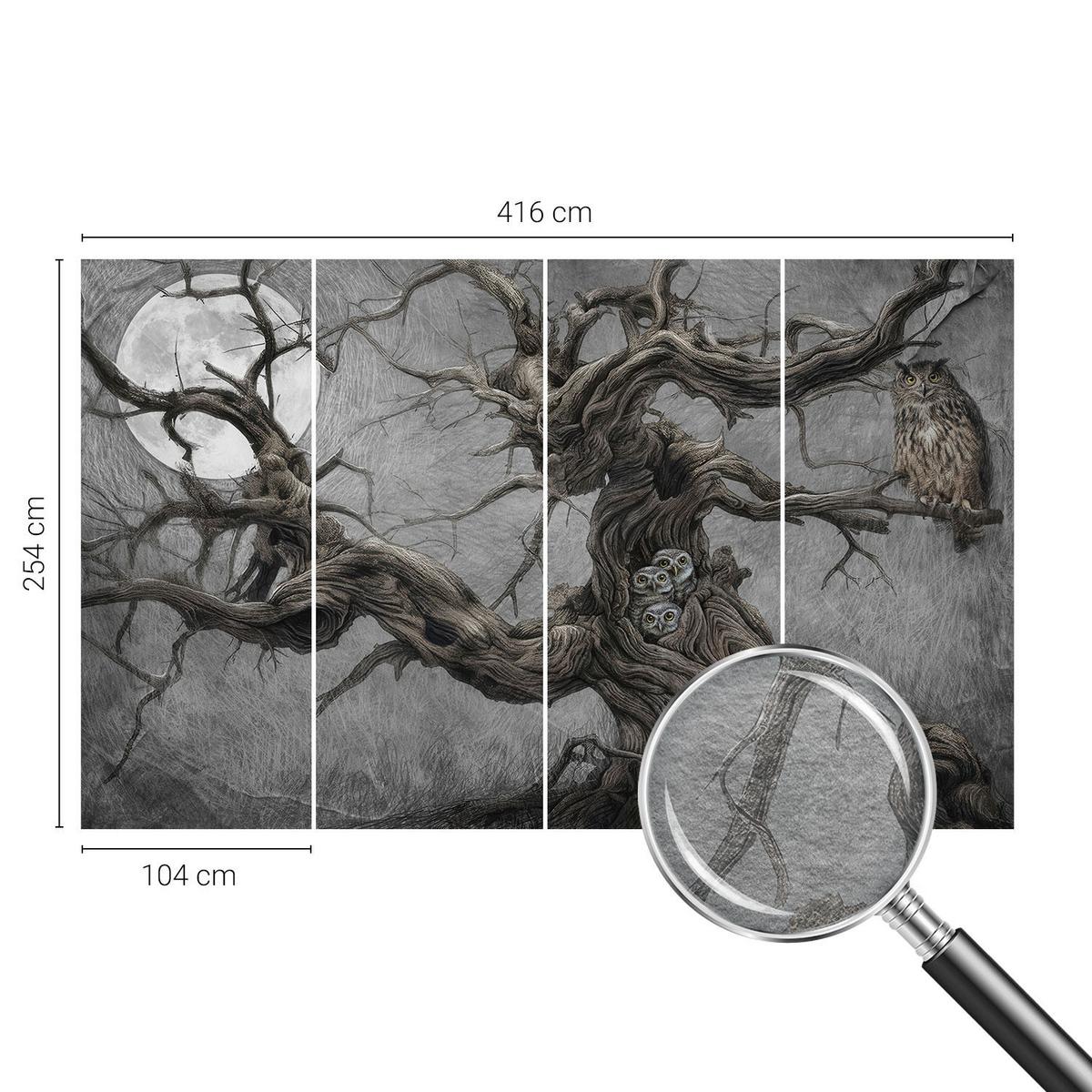 FOTOTAPETE 416x254 cm - Geheimnisvolle Eule - Grau, Textil (416/254cm) - Wallfluent