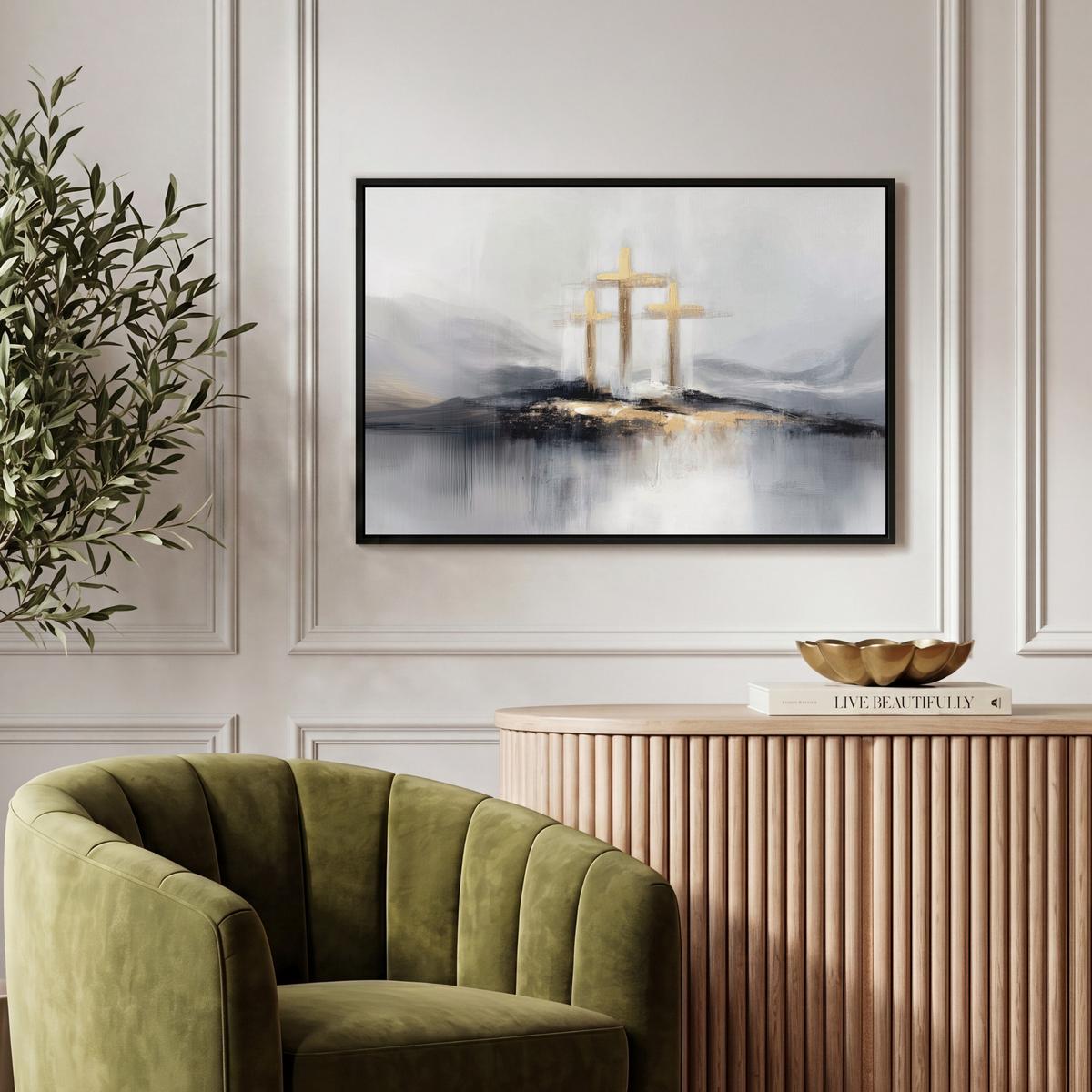 LEINWAND Bilder mit Rahmen - Abstrakt - Malerei - Christentum - Kreuz - 60x40 - Weiß, Textil (60/40cm) - MuchoWow
