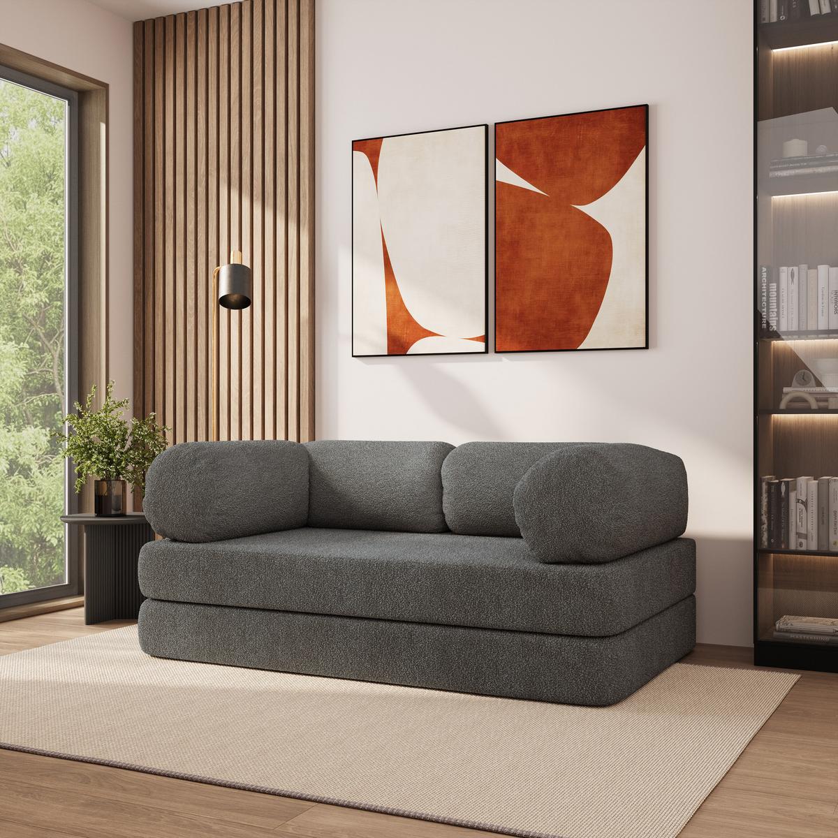BETTSOFA EIREN aus Schaumstoff Bucle-Stoff Grau Schlaffunktion - Grau, Textil (170/68/80cm) - MASSENO