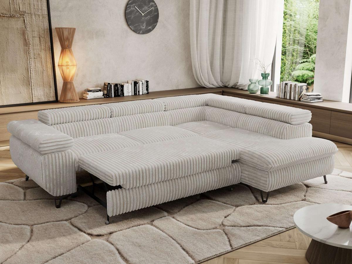 ECKSOFA PABLO L Beige Cord - Rechts Seite mit T25 Topper - Beige/Schwarz, Textil/Metall (273/208cm) - MKS