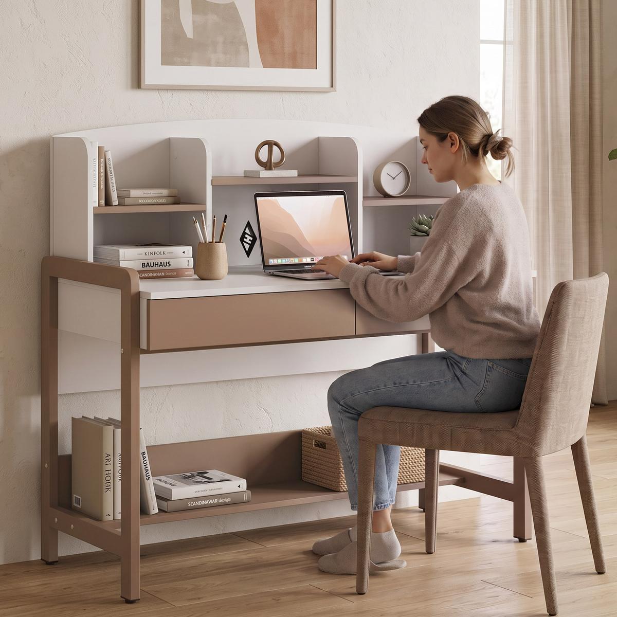SCHREIBTISCH Boreo mit 2 Schubladen und Aufsatz mit 3 Regalboden, 120 cm, Kaschmir+Hellbraun - Kaschmir/Hellbraun, Holzwerkstoff/Metall (55/120/114cm) - Beautysofa