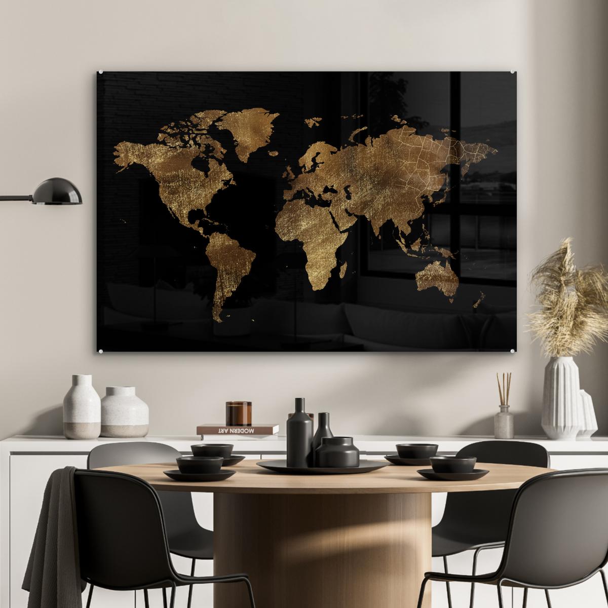 ACRYLGLASBILD Weltkarte - Gold - Luxus - Erde - Schwarz Room Decor 90x60 cm - Goldfarben, Glas (90/60cm) - MuchoWow