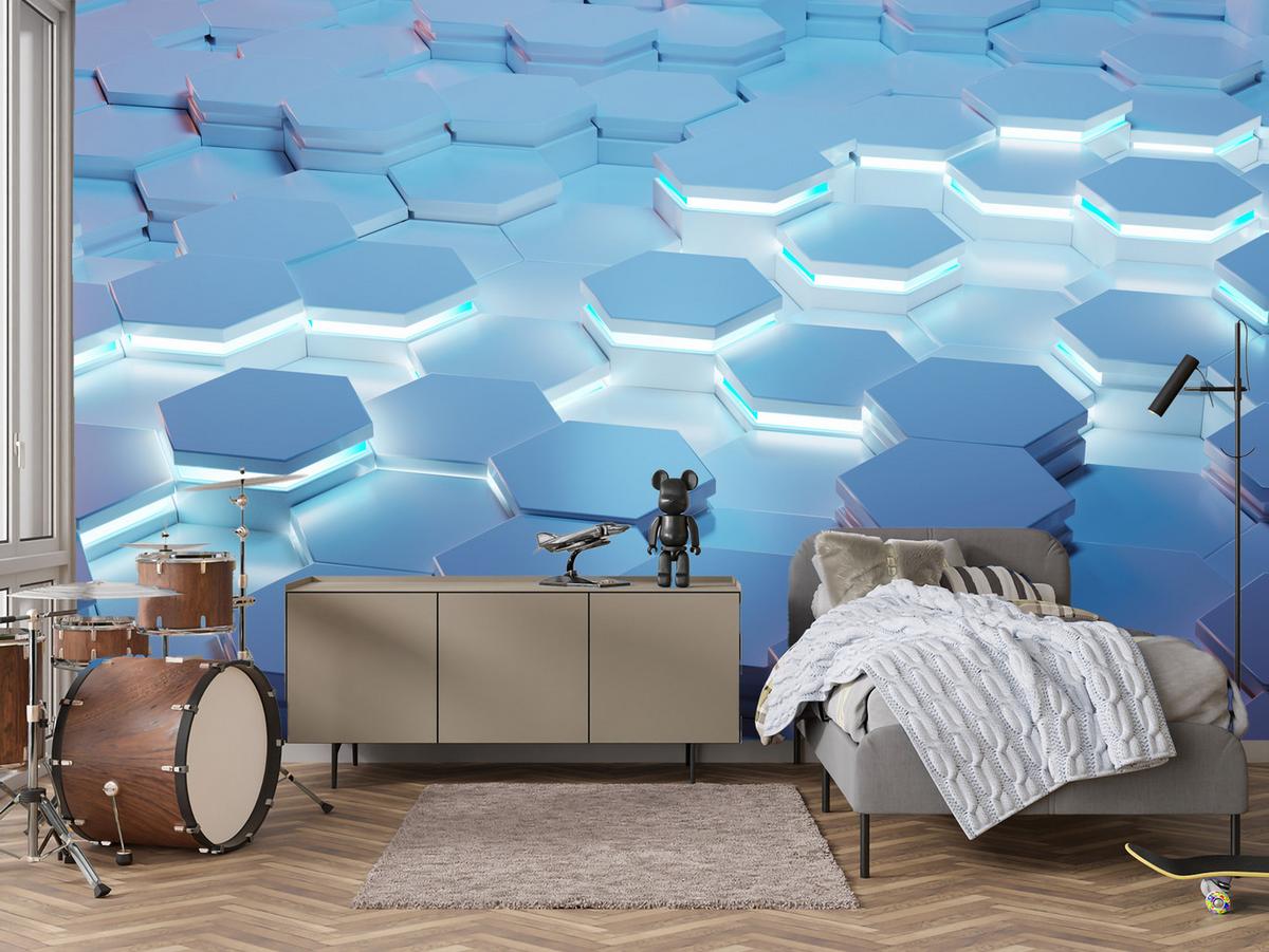 FOTOTAPETE für Jugendzimmer Blaue Neon Hexagone Formen Geometrie 500x350 - Blau/Weiß, Papier (500/350cm) - Muralo