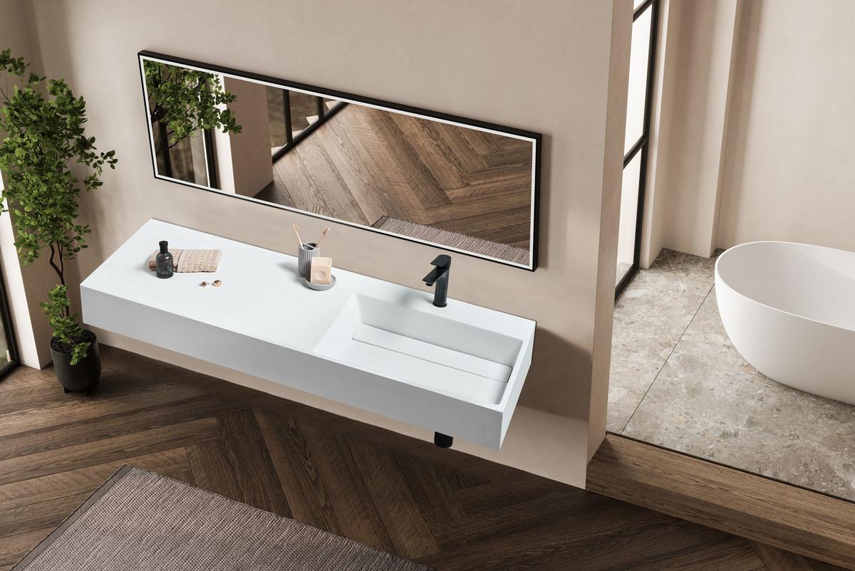HÄNGEWASCHBECKEN Weiß 150/48 cm Mineralguss Cusco - Weiß, Naturmaterialen (150/13/48cm) - Beliani