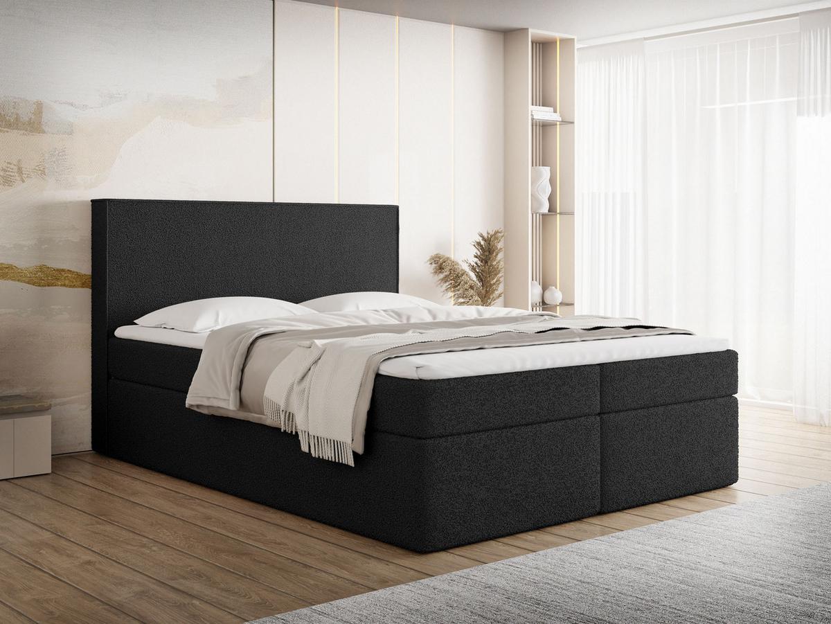 BOXBETT Terra mit Bettkasten, Boucle Schwarz 140/200 cm – 7-Zonen Taschenfederkern-Matratze & Komfortschaum-Topper - Schwarz, Kunststoff/Textil (140/200cm) - WFL GROUP