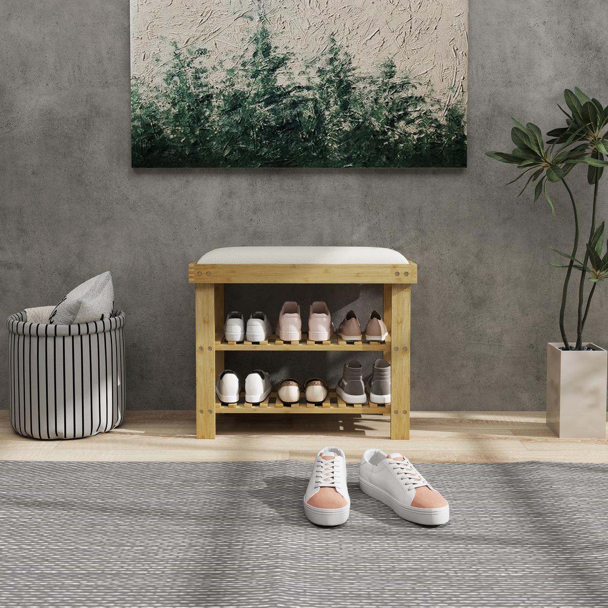 SCHUHBANK mit Sitzfläche, Bambus Sitzbank mit Stauraum, Schuhregal mit 2 Fächer - Multicolor, Textil (29/49/60cm) - HOMCOM