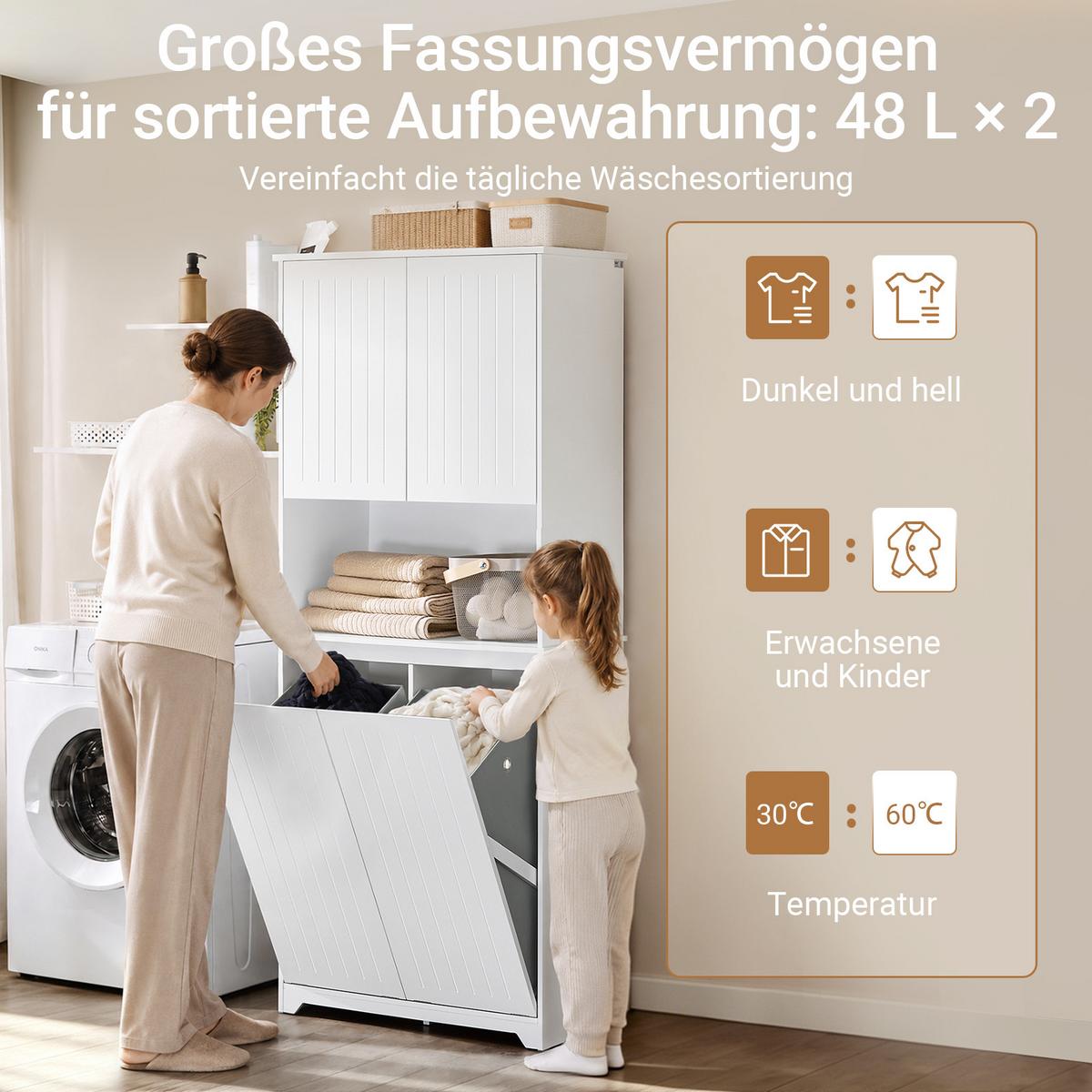BADEZIMMERSCHRANK weiß mit Wäschekorb, 70 x 170 x 37 cm, 2 Türen, Regal, schmaler Wäscheschrank - Weiß, Holzwerkstoff (70/170/37cm) - SoBuy
