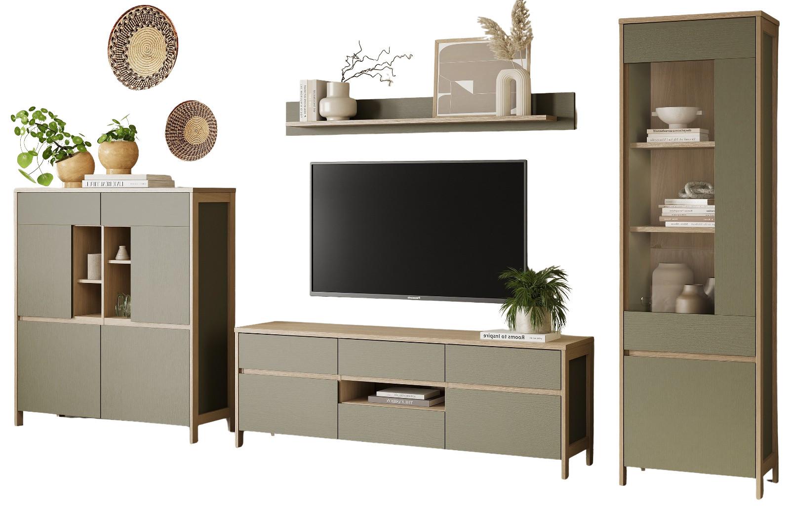 WOHNWAND Salbei grün, Eiche, Schrankwand skandinavisch 4-teilig 360 cm, Soft-Close - Salbeigrün/Eichefarben, Holzwerkstoff/Metall (363/195/39cm) - Furn.Design