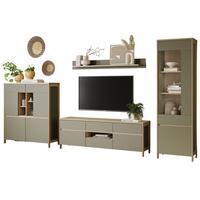 WOHNWAND Salbei grün, Eiche, Schrankwand skandinavisch 4-teilig 360 cm, Soft-Close - Salbeigrün/Eichefarben, Holzwerkstoff/Metall (363/195/39cm) - Furn.Design