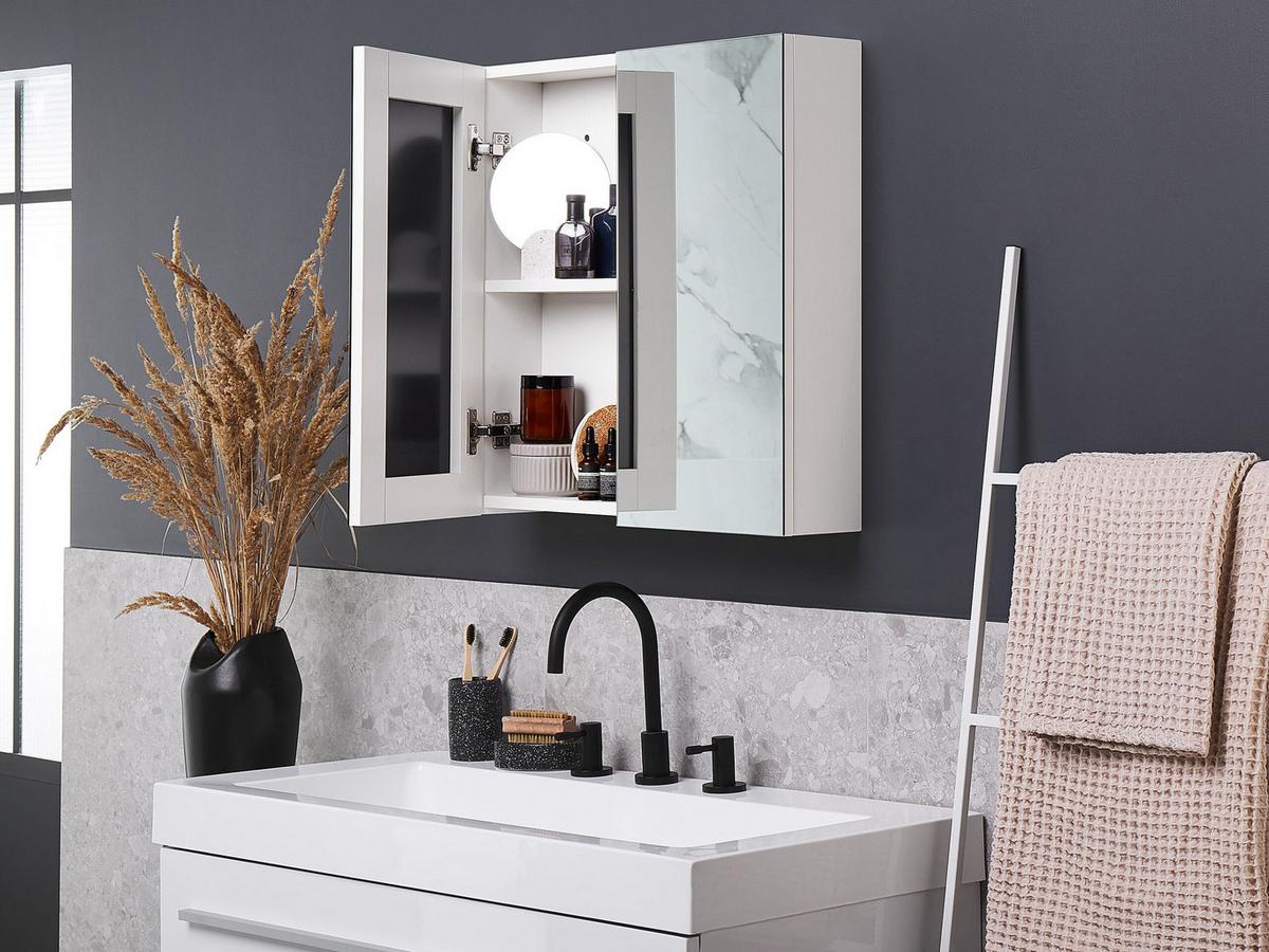 BAD SPIEGELSCHRANK weiß/silber 60/60 cm Navarra - Silberfarben/Weiß, Holz (60/60/14cm) - Beliani